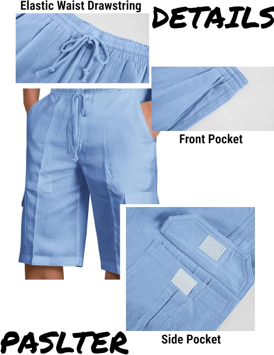 PASLTER Mens Cotton Linen Shorts Casual Elastic Waist Drawstring Lightweight Summer Beach Cargo Shorts