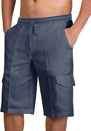 PASLTER Mens Cotton Linen Shorts Casual Elastic Waist Drawstring Lightweight Summer Beach Cargo Shorts
