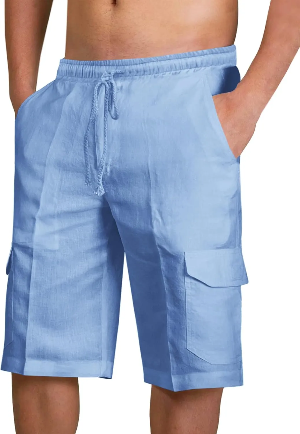PASLTER Mens Cotton Linen Shorts Casual Elastic Waist Drawstring Lightweight Summer Beach Cargo Shorts