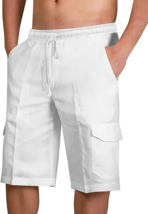 PASLTER Mens Cotton Linen Shorts Casual Elastic Waist Drawstring Lightweight Summer Beach Cargo Shorts