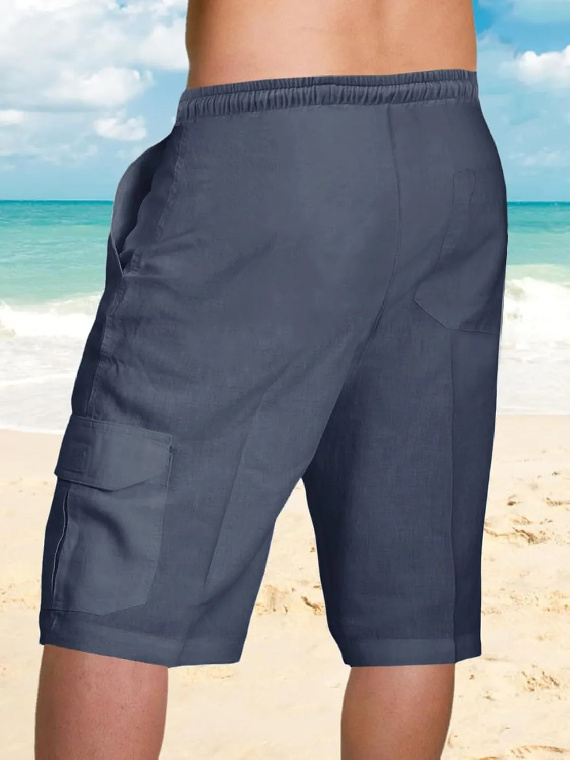 PASLTER Mens Cotton Linen Shorts Casual Elastic Waist Drawstring Lightweight Summer Beach Cargo Shorts