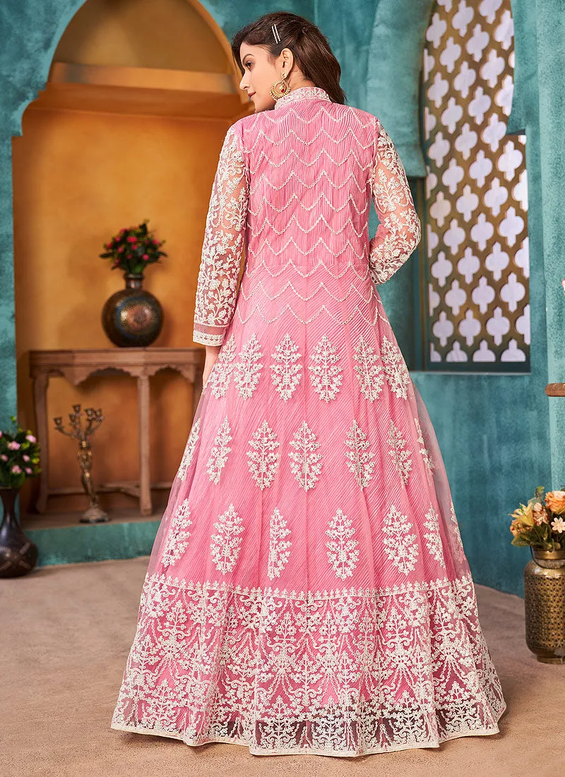 Pink Traditional Embroidered Anarkali Pant Suit