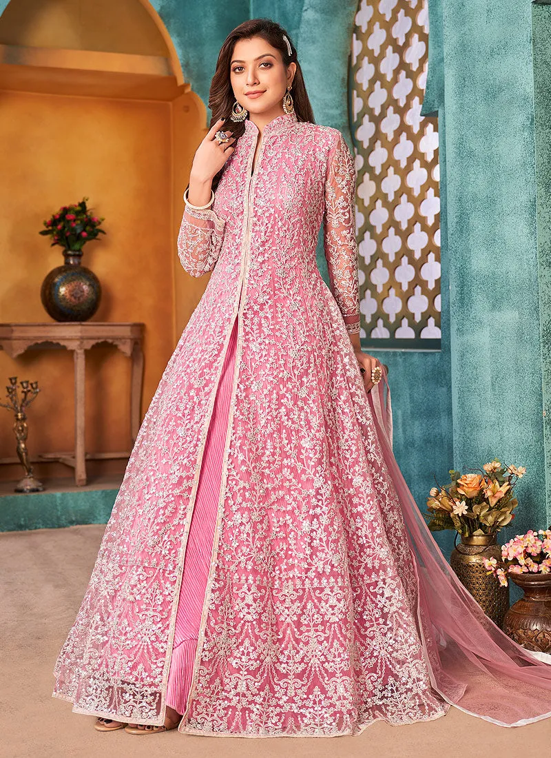 Pink Traditional Embroidered Anarkali Pant Suit