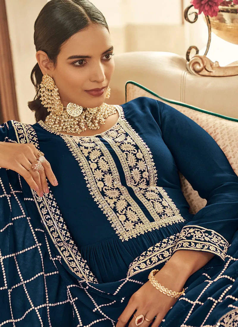 Royal Blue Cording Embroidered Designer Anarkali Suit