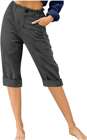 Ruziyoog Womens Capri Pants Casual 2025 Summer Drawstring Elastic Waist Cotton Linen Pant Cropped Comfy Baggy Trousers