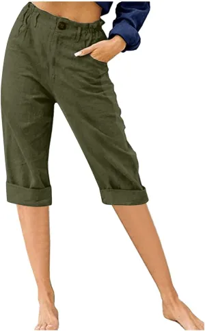 Ruziyoog Womens Capri Pants Casual 2025 Summer Drawstring Elastic Waist Cotton Linen Pant Cropped Comfy Baggy Trousers