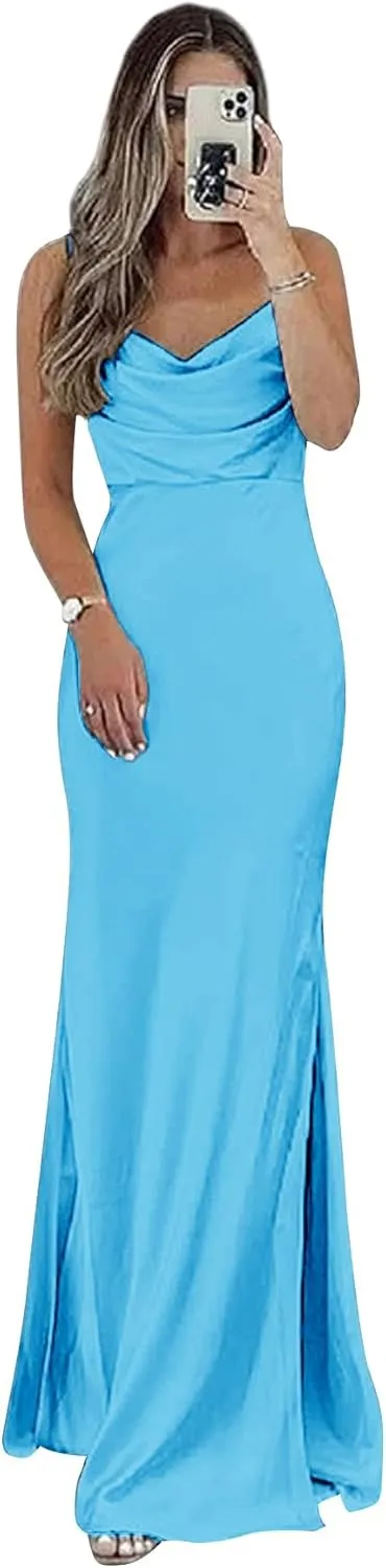Sevintage Satin Slip Bridesmaid Dresses for Women Spaghetti Strap Long Fitted Prom Formal Evening Gown Slit