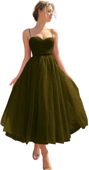 Sevintage Spaghetti Straps Tulle Prom Dress Tea Length Formal Party Evening Dress with Pockets
