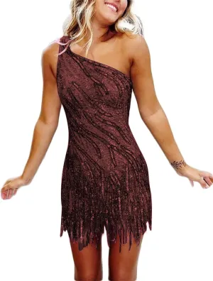 Sparkly Sequin Short Homecoming Dress for Teens One Shoulder Bodycon Tight Mini Cocktail Party Gowns