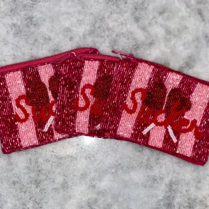Suckers Pink Striped Beaded Zip Pouch