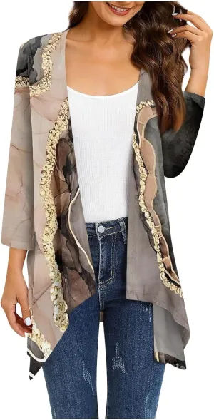 Summer Cardigan Irregular Hem Womens 3/4 Sleeve Summer Tops with Pocket Gradient Print Half Sleeve Jacket S-5XL &