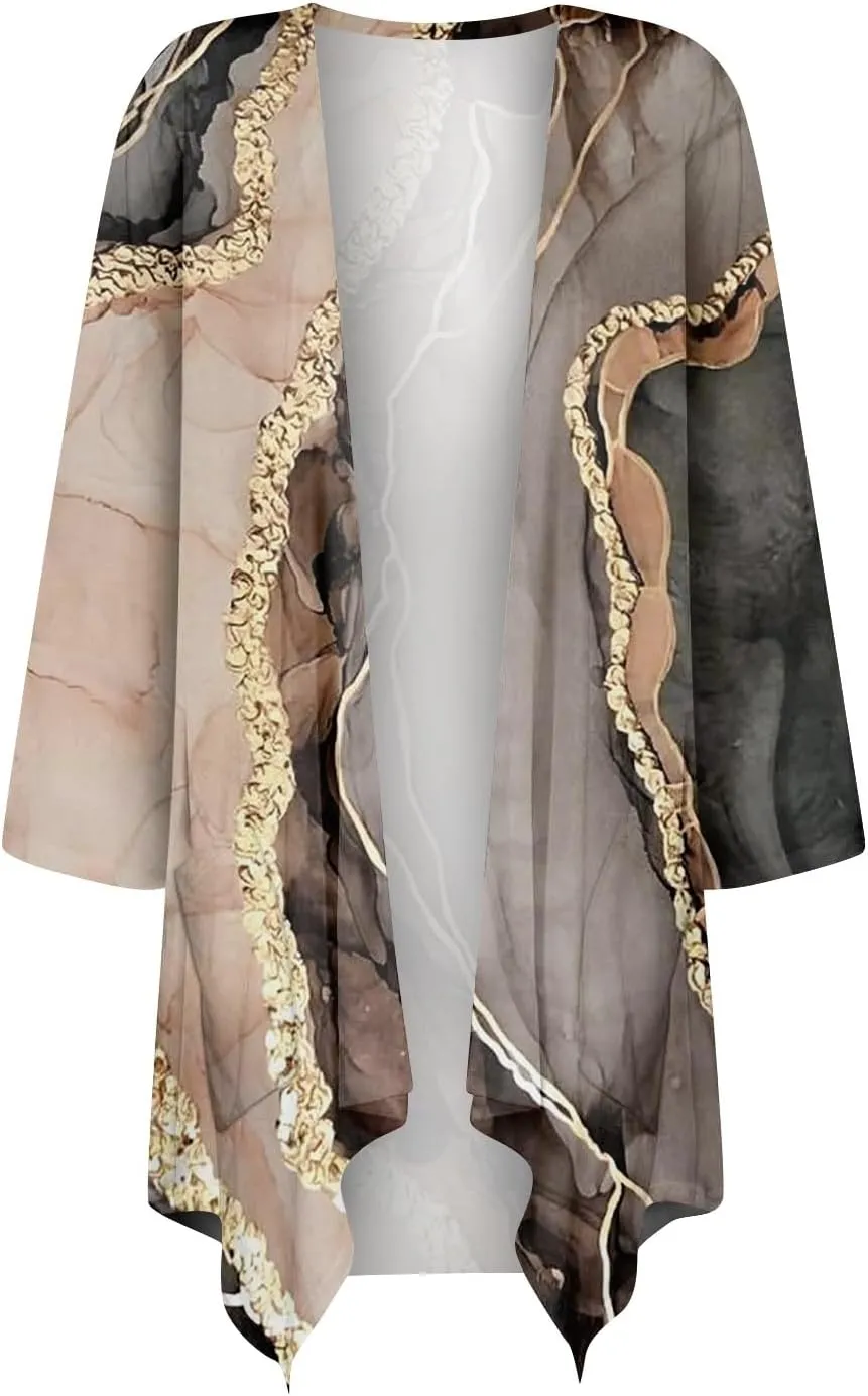 Summer Cardigan Irregular Hem Womens 3/4 Sleeve Summer Tops with Pocket Gradient Print Half Sleeve Jacket S-5XL &