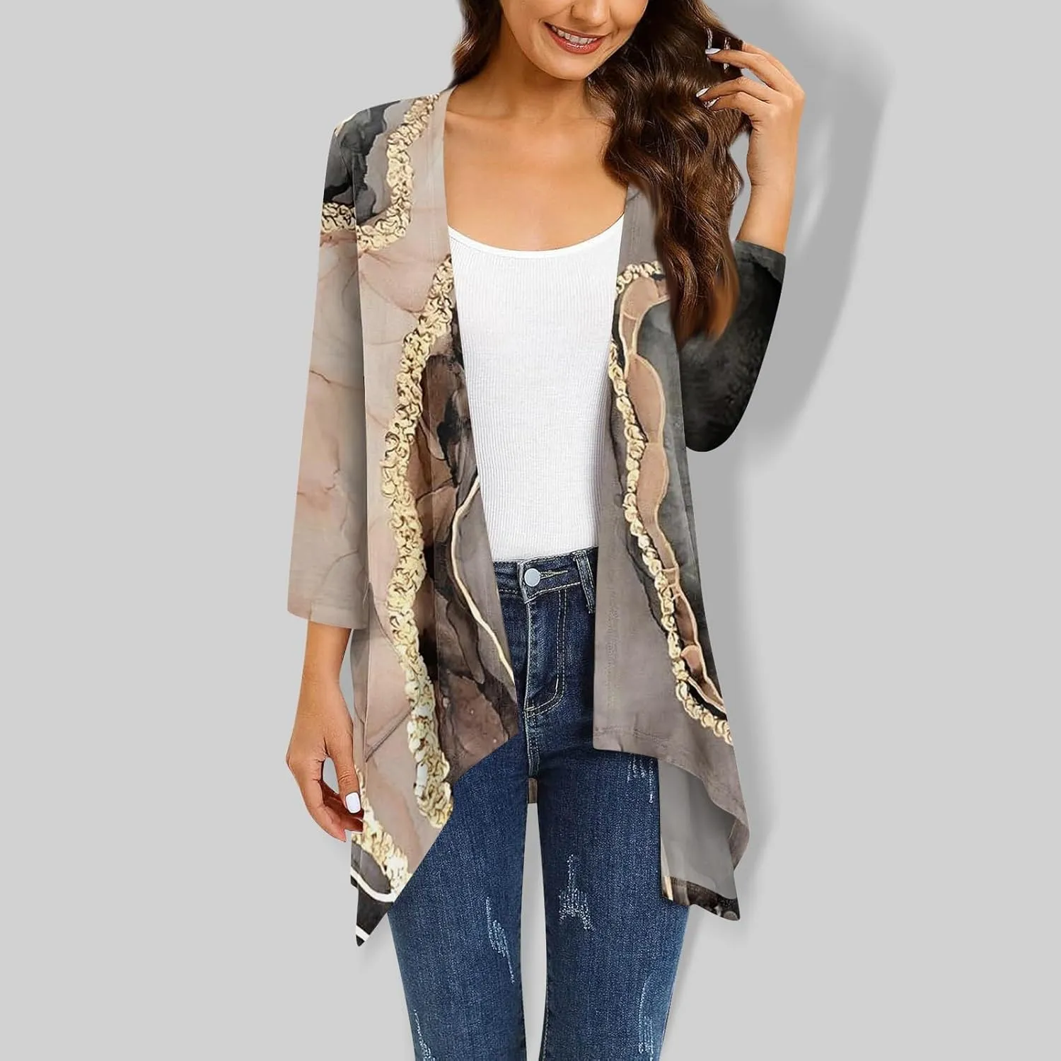 Summer Cardigan Irregular Hem Womens 3/4 Sleeve Summer Tops with Pocket Gradient Print Half Sleeve Jacket S-5XL &