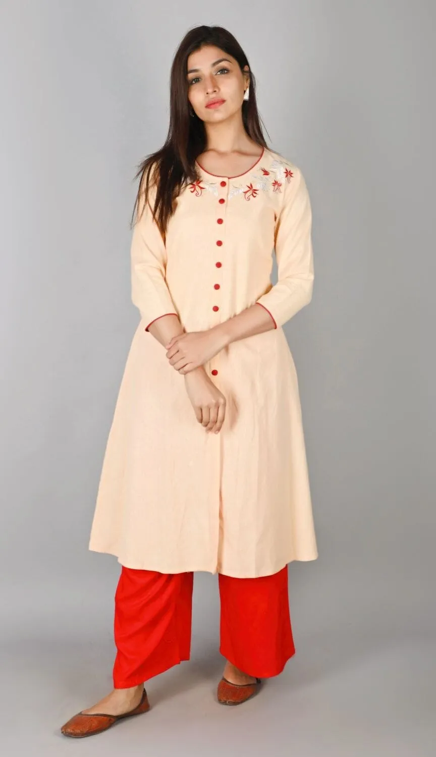 SVARCHI Women's Cotton Flax Embroidered A-Line Kurta (Peach)