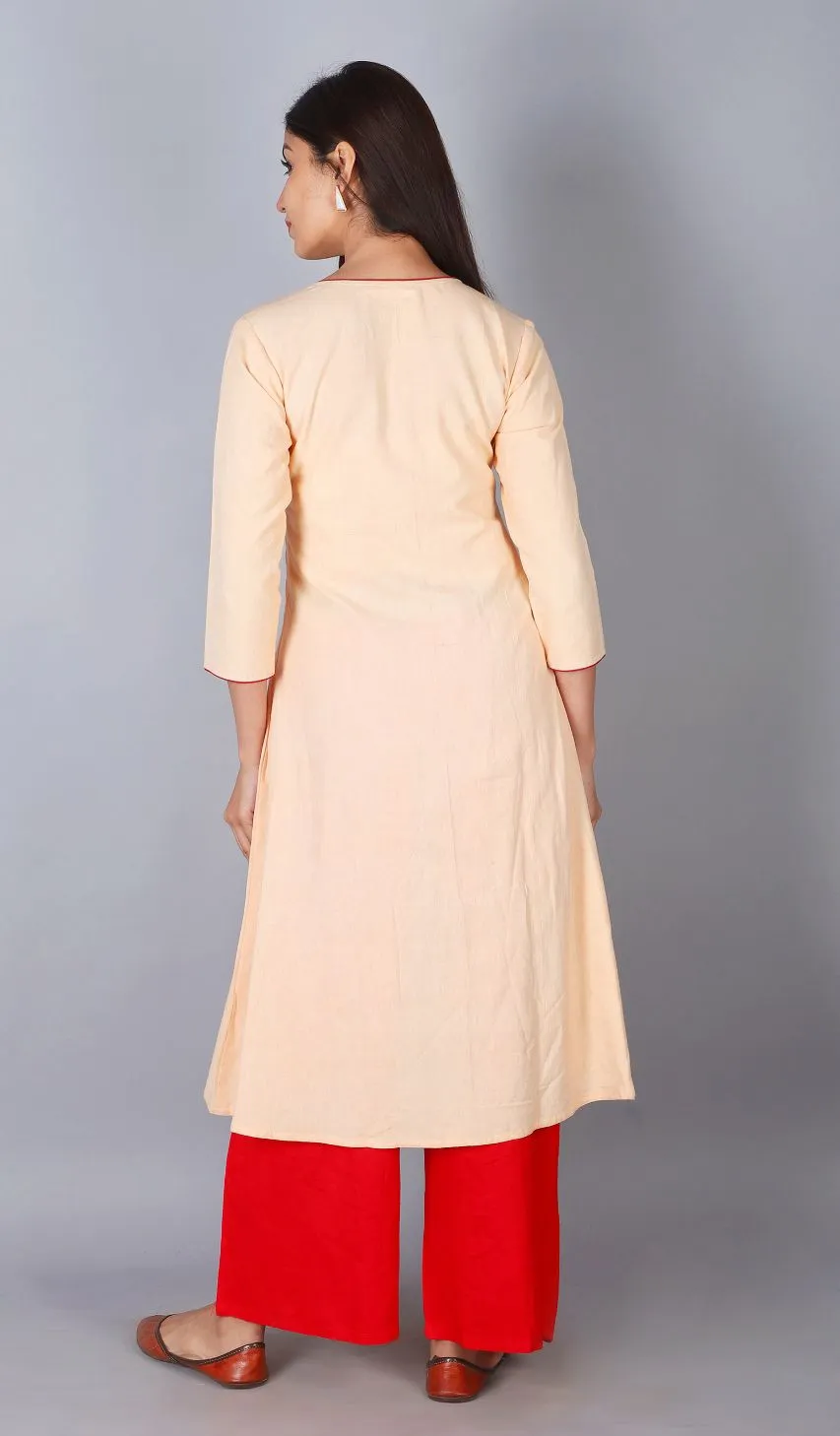 SVARCHI Women's Cotton Flax Embroidered A-Line Kurta (Peach)