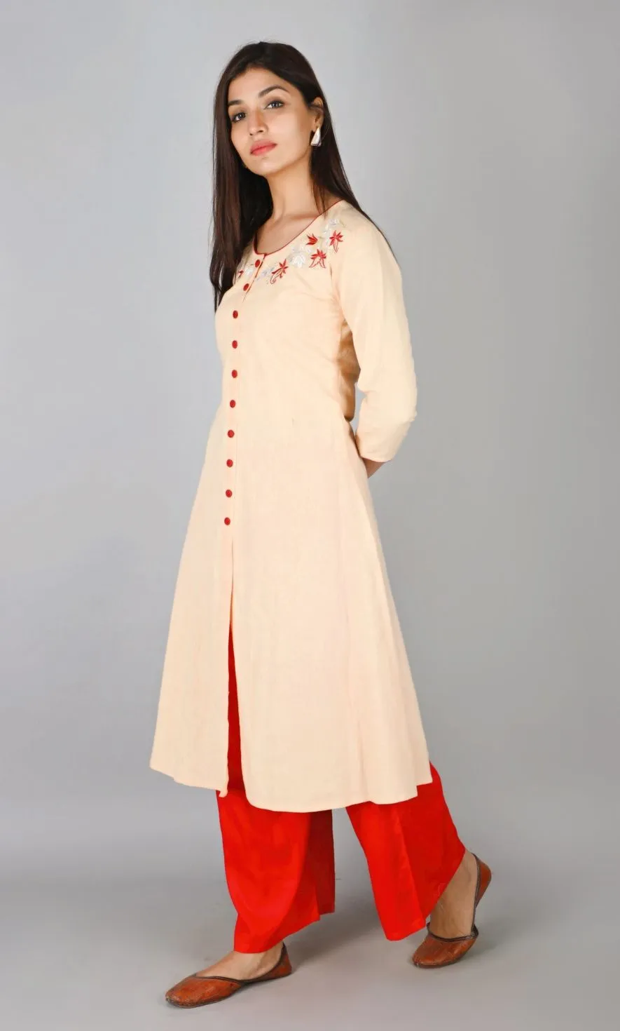 SVARCHI Women's Cotton Flax Embroidered A-Line Kurta (Peach)