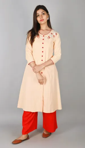 SVARCHI Women's Cotton Flax Embroidered A-Line Kurta (Peach)