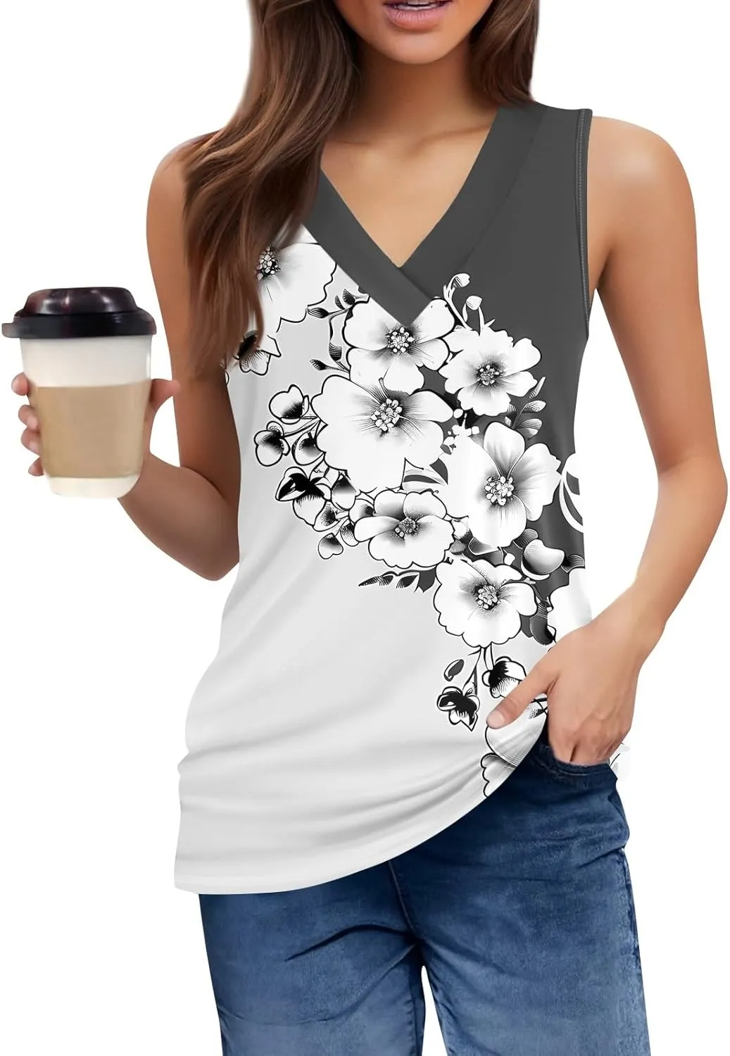 Tank Tops for Women V Neck Printed Tank Tops Flowy Sleeveless Going Out Basic Tee Loose Fit Vacation T Shirts