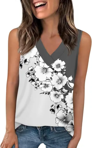 Tank Tops for Women V Neck Printed Tank Tops Flowy Sleeveless Going Out Basic Tee Loose Fit Vacation T Shirts