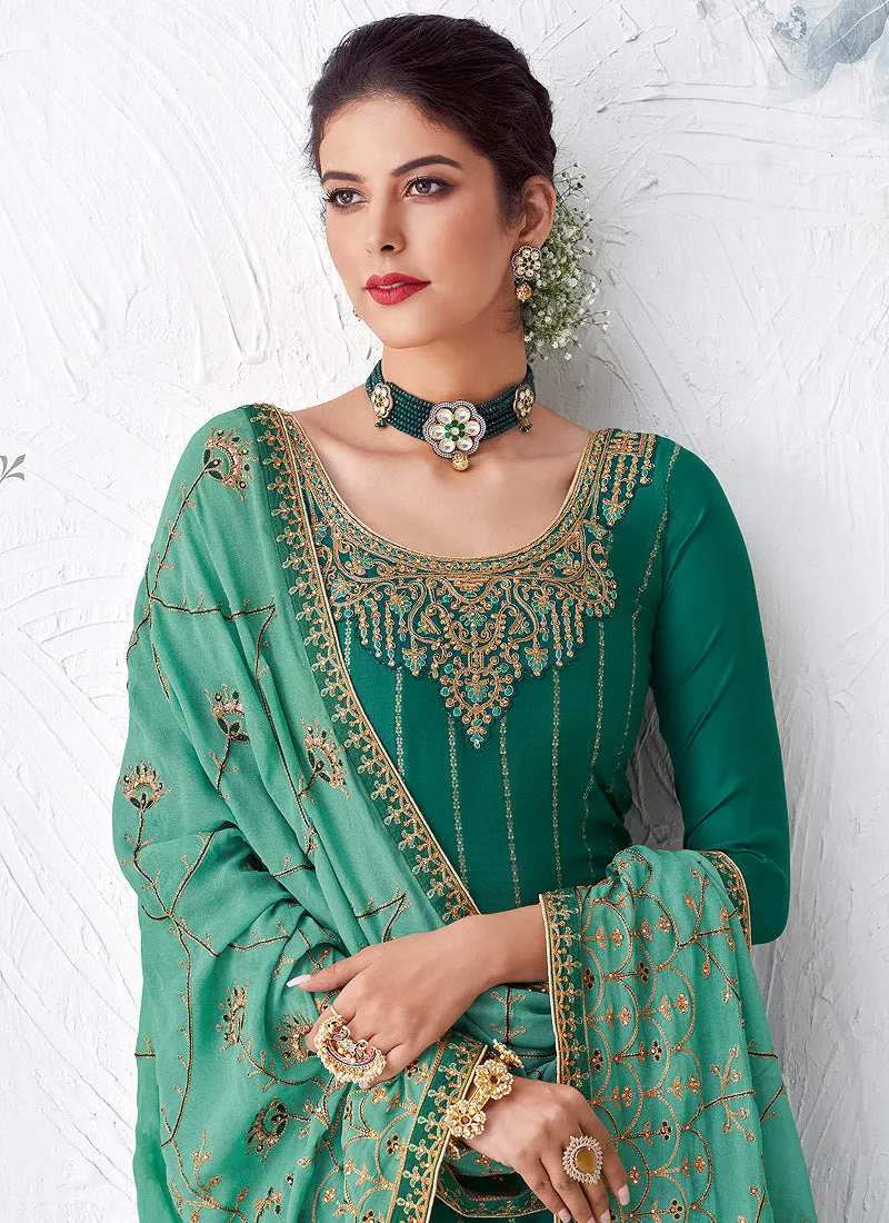 Turquoise Embroidered Palazzo Suit