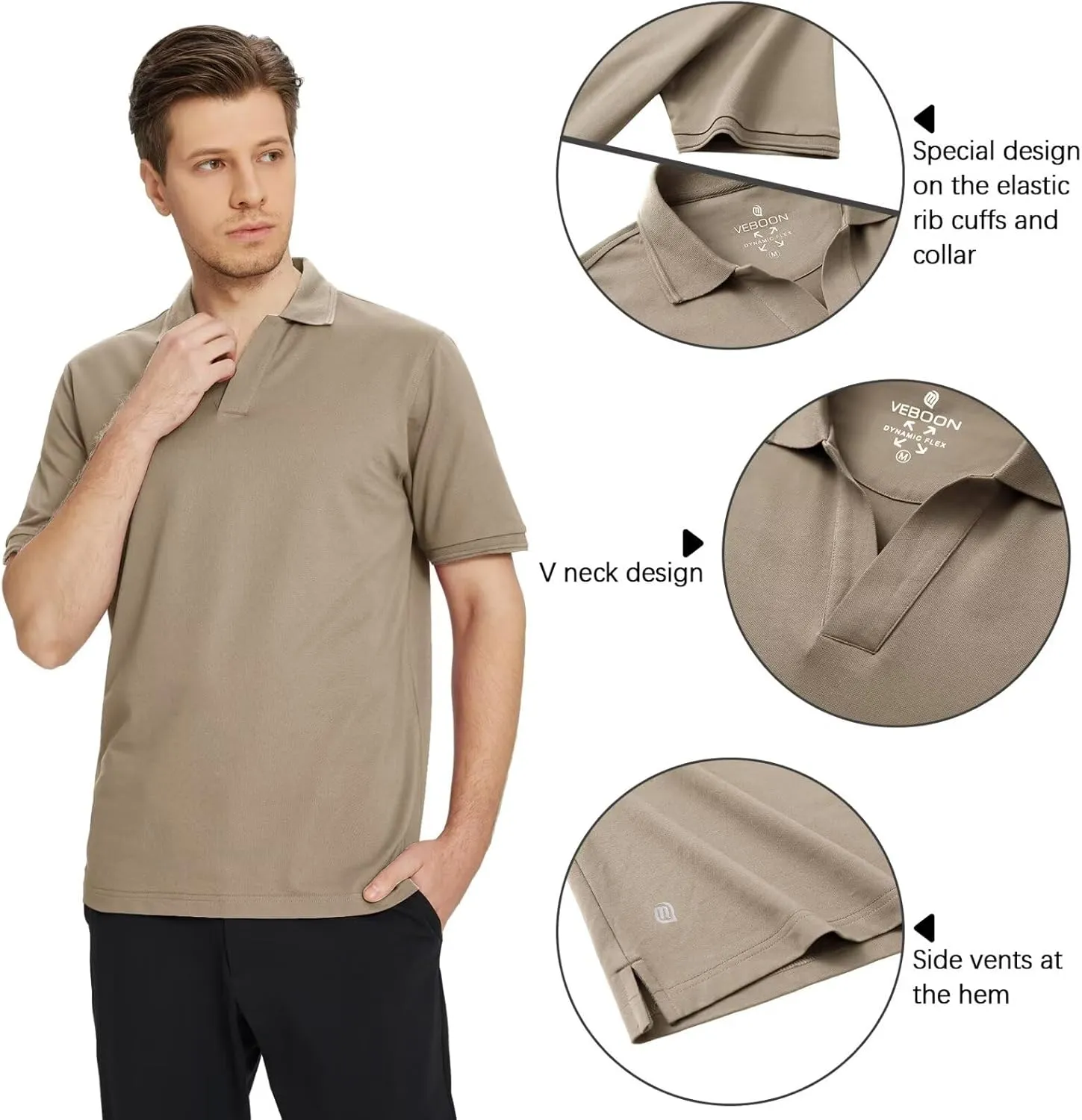 VEBOON Mens V Neck Polo Shirts Short Sleeve Lightweight Business Collared Shirts Performance Golf Polo Shirts for Men