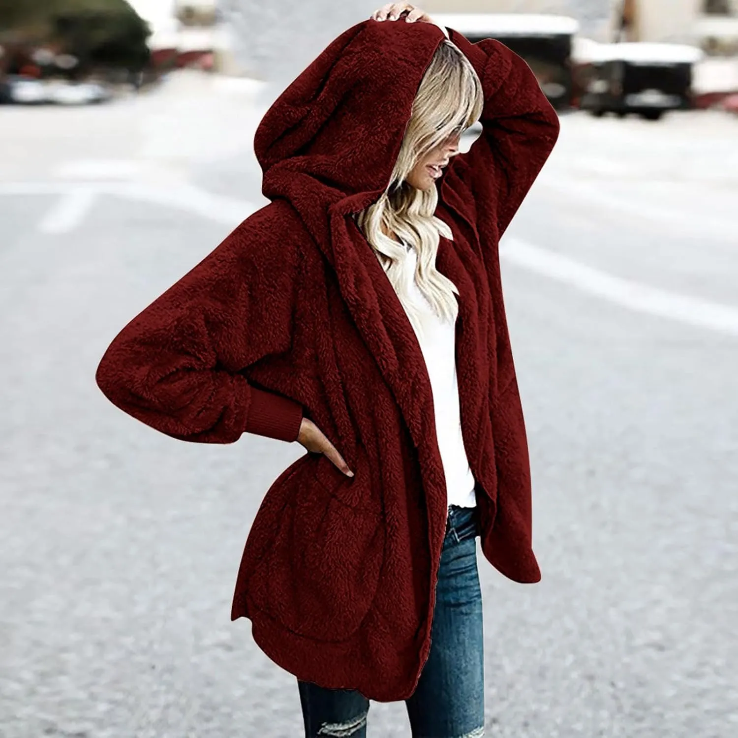 Winter Cardigan for Women,Womens Warm Lapel Faux Fur Fluffy Coats Long Sleeve Fleece Jacket Fuzzy Pea Coat Overwear
