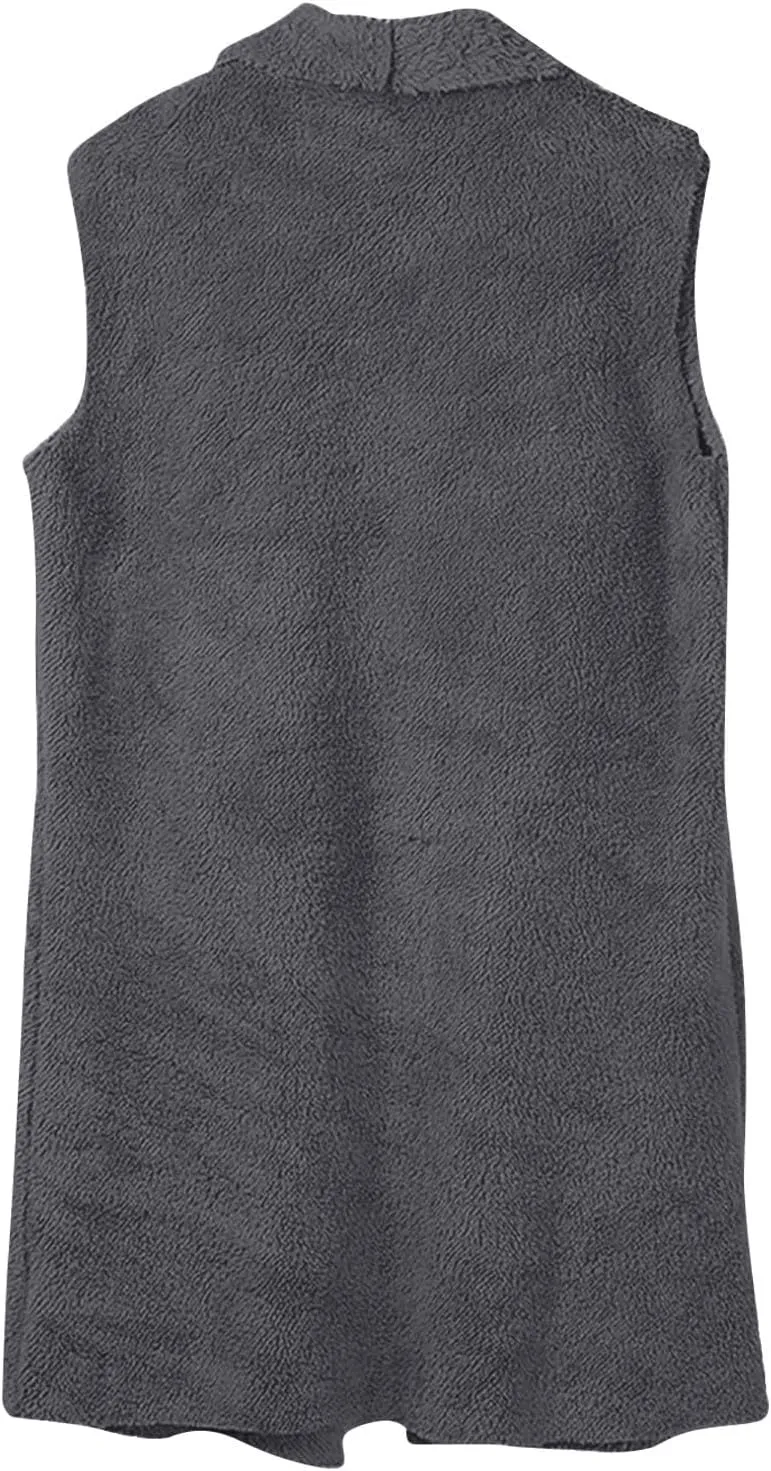 Winter Coats for Women 2024 Casual Sleeveless Sherpa Vest with Pockets Open Front Fleece Long Cardigan Fuzzy Jacket