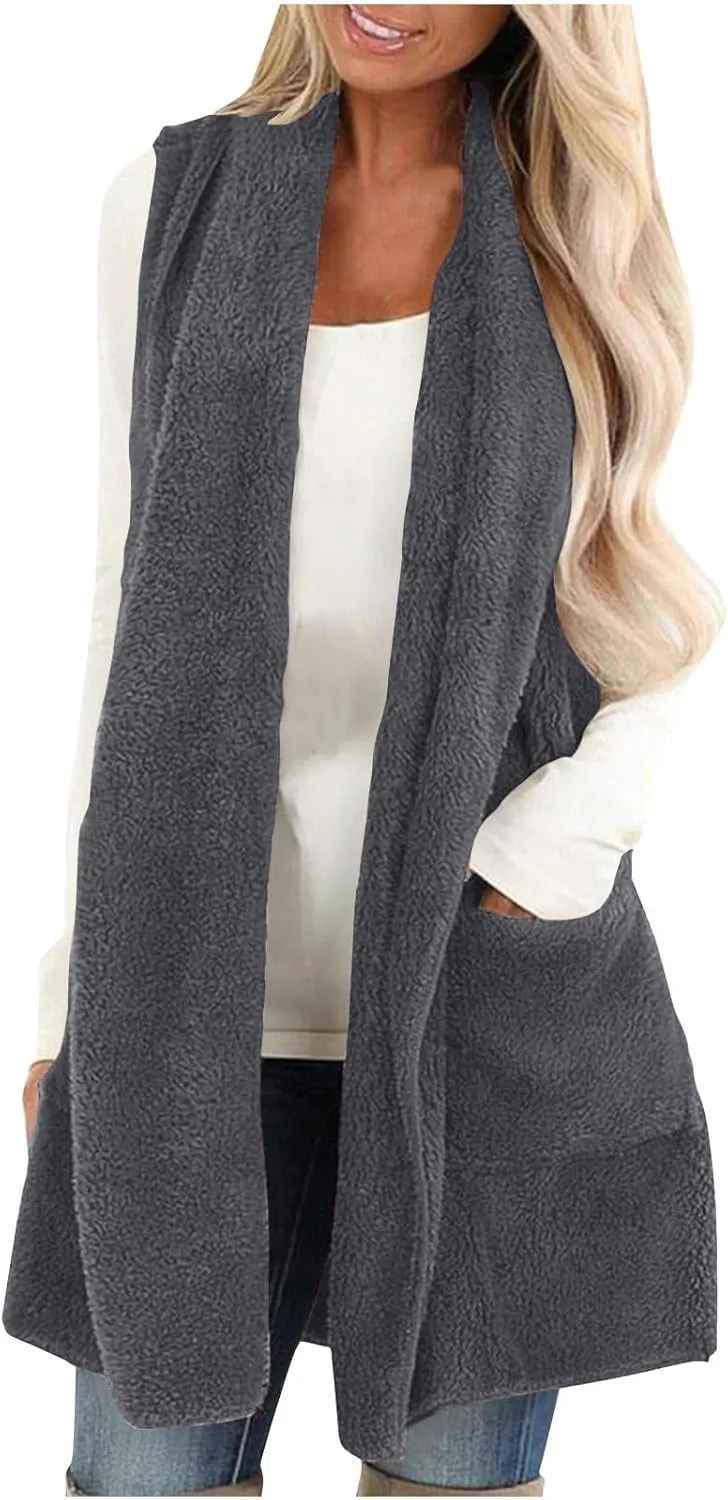 Winter Coats for Women 2024 Casual Sleeveless Sherpa Vest with Pockets Open Front Fleece Long Cardigan Fuzzy Jacket