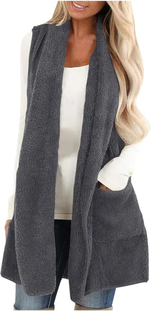 Winter Coats for Women 2024 Casual Sleeveless Sherpa Vest with Pockets Open Front Fleece Long Cardigan Fuzzy Jacket