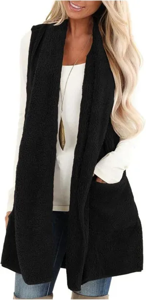 Winter Coats for Women 2024 Casual Sleeveless Sherpa Vest with Pockets Open Front Fleece Long Cardigan Fuzzy Jacket