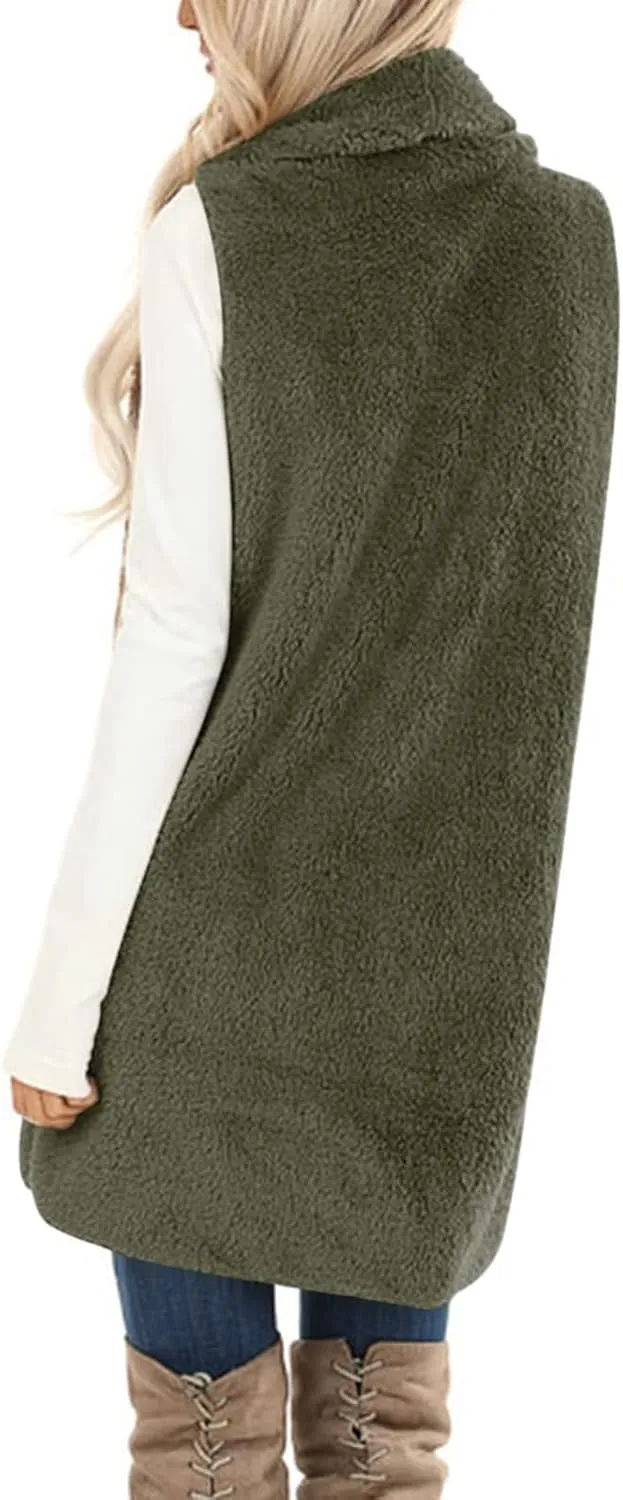 Winter Coats for Women 2024 Casual Sleeveless Sherpa Vest with Pockets Open Front Fleece Long Cardigan Fuzzy Jacket