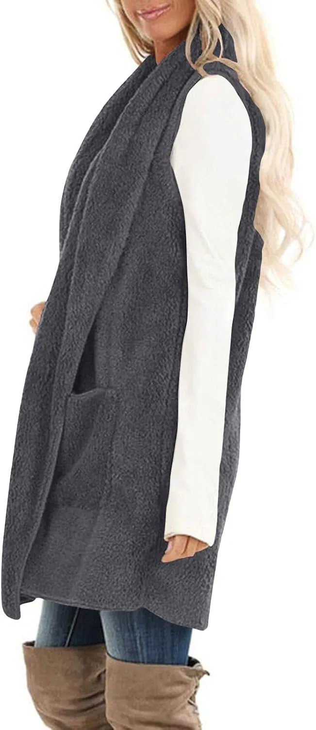 Winter Coats for Women 2024 Casual Sleeveless Sherpa Vest with Pockets Open Front Fleece Long Cardigan Fuzzy Jacket