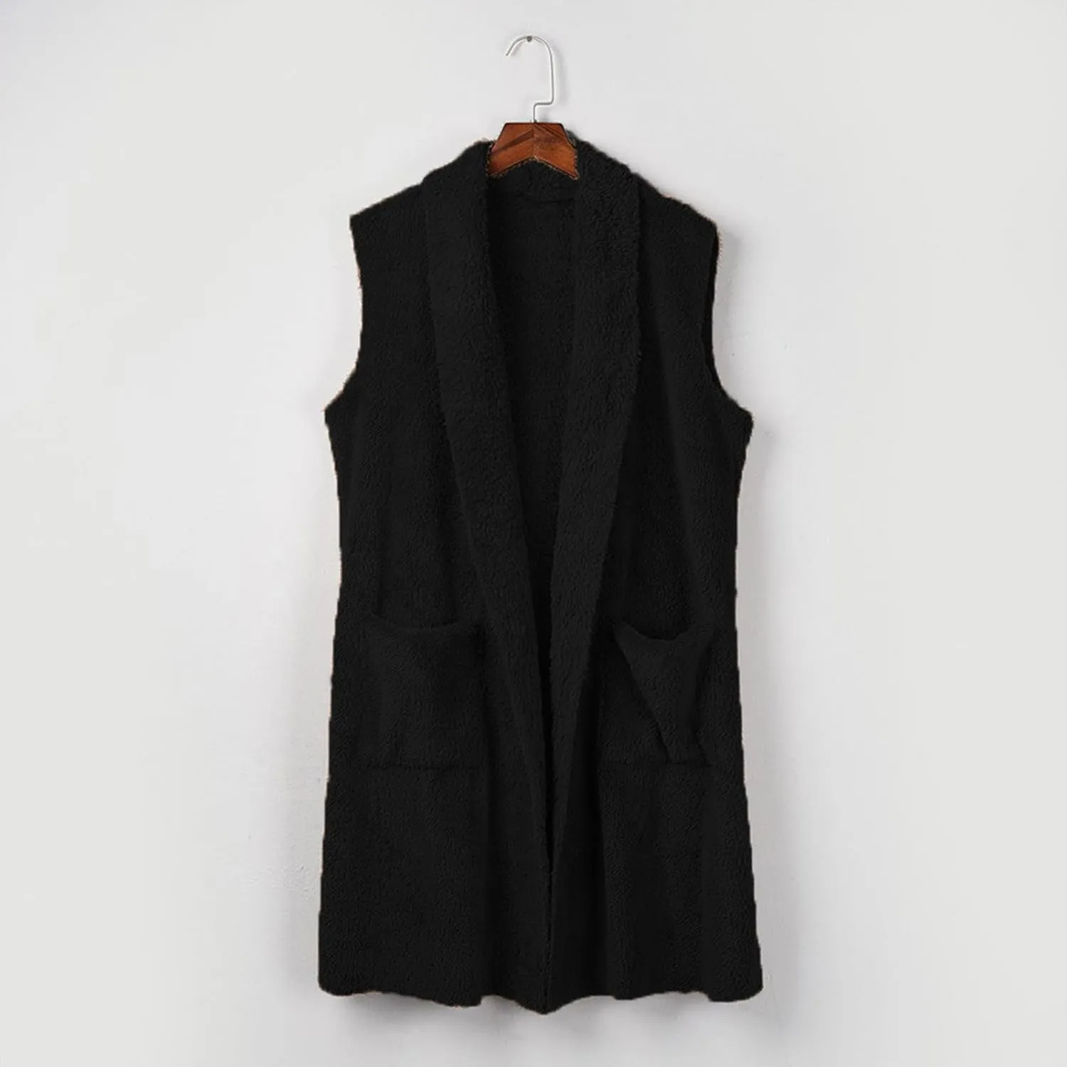 Winter Coats for Women 2024 Casual Sleeveless Sherpa Vest with Pockets Open Front Fleece Long Cardigan Fuzzy Jacket