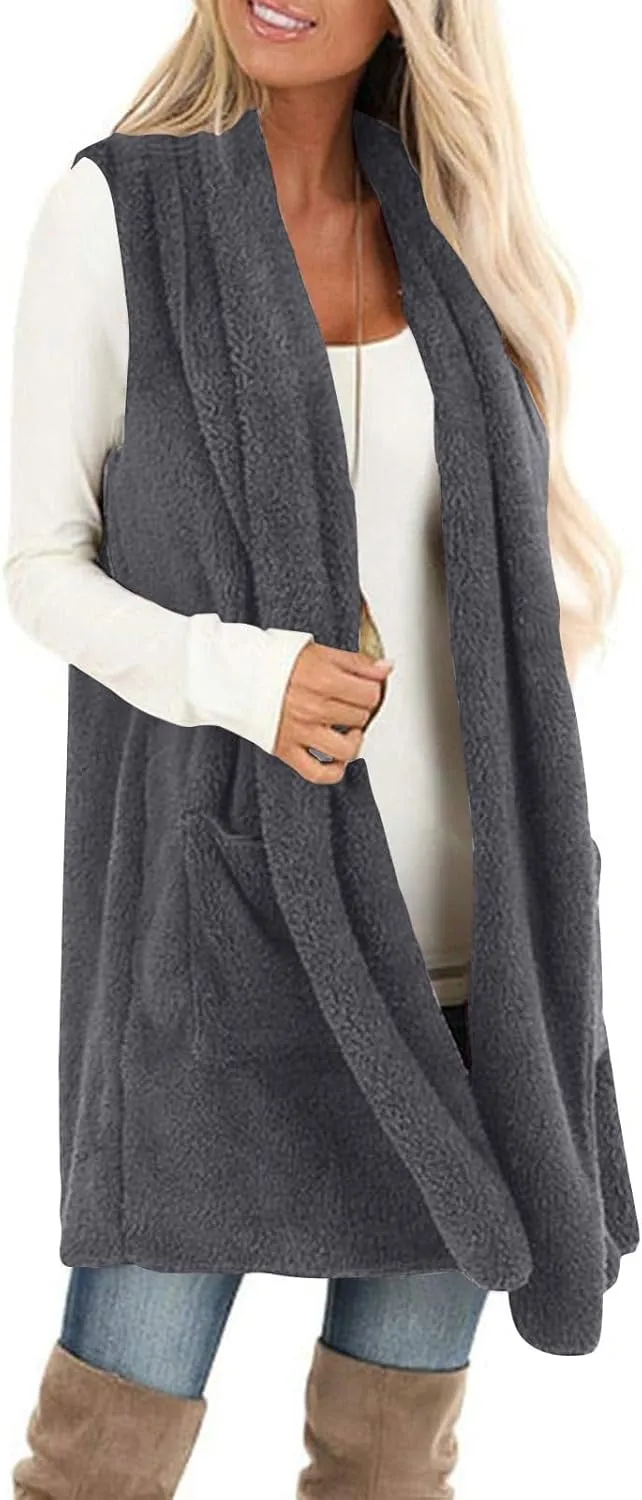 Winter Coats for Women 2024 Casual Sleeveless Sherpa Vest with Pockets Open Front Fleece Long Cardigan Fuzzy Jacket