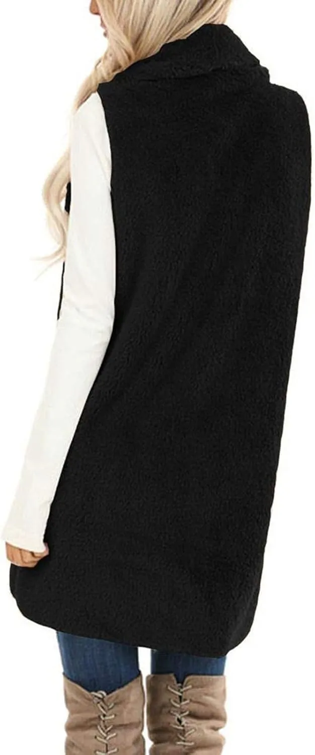 Winter Coats for Women 2024 Casual Sleeveless Sherpa Vest with Pockets Open Front Fleece Long Cardigan Fuzzy Jacket