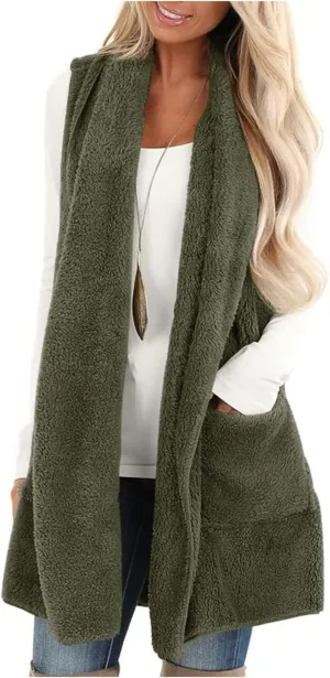 Winter Coats for Women 2024 Casual Sleeveless Sherpa Vest with Pockets Open Front Fleece Long Cardigan Fuzzy Jacket