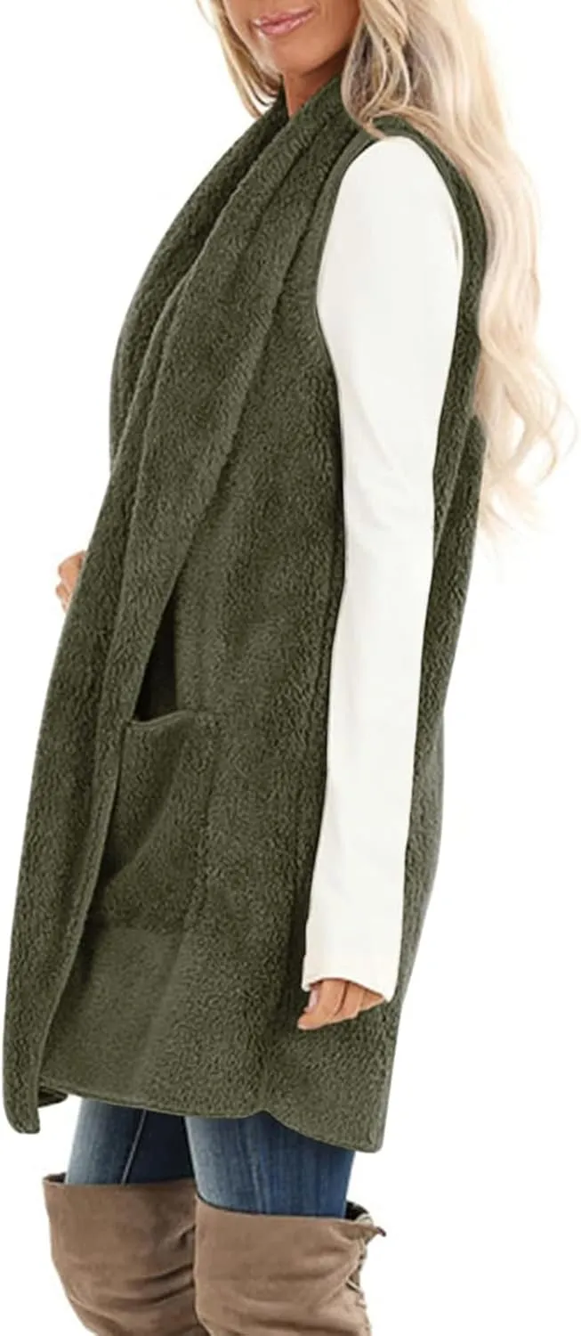 Winter Coats for Women 2024 Casual Sleeveless Sherpa Vest with Pockets Open Front Fleece Long Cardigan Fuzzy Jacket