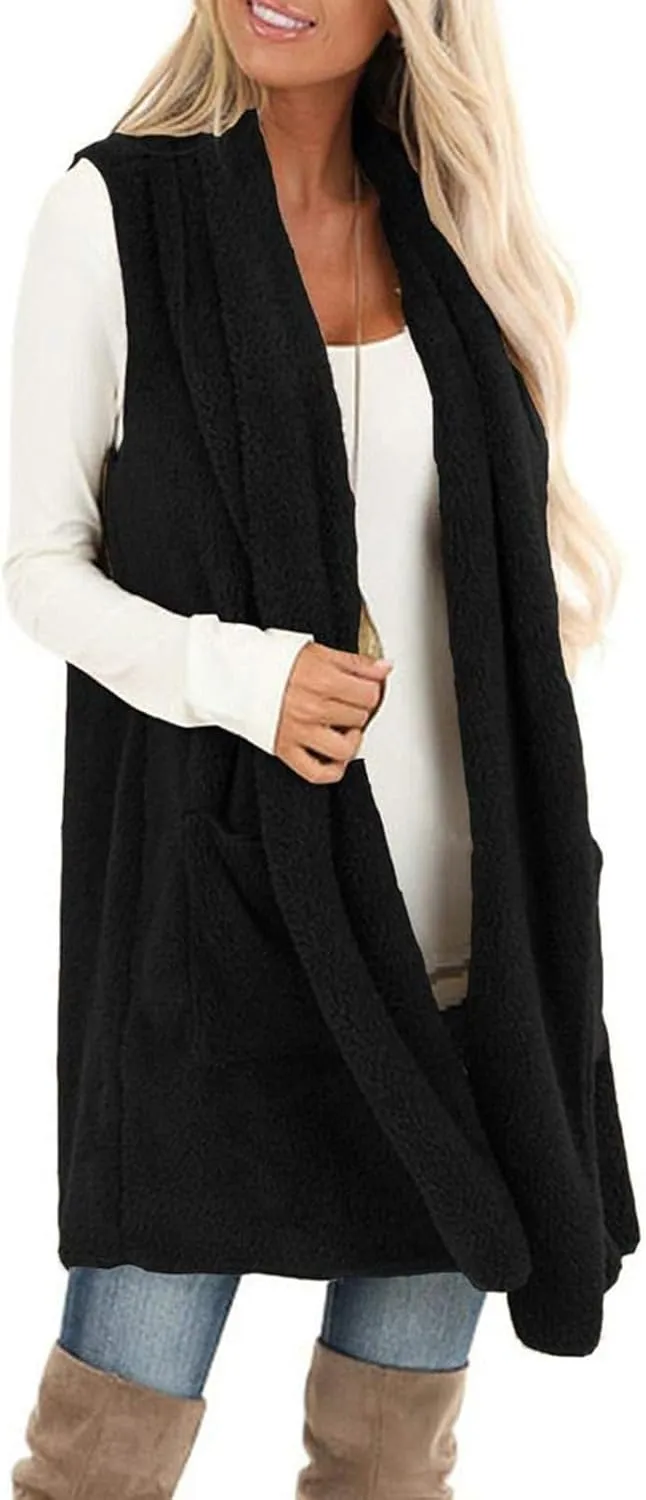 Winter Coats for Women 2024 Casual Sleeveless Sherpa Vest with Pockets Open Front Fleece Long Cardigan Fuzzy Jacket
