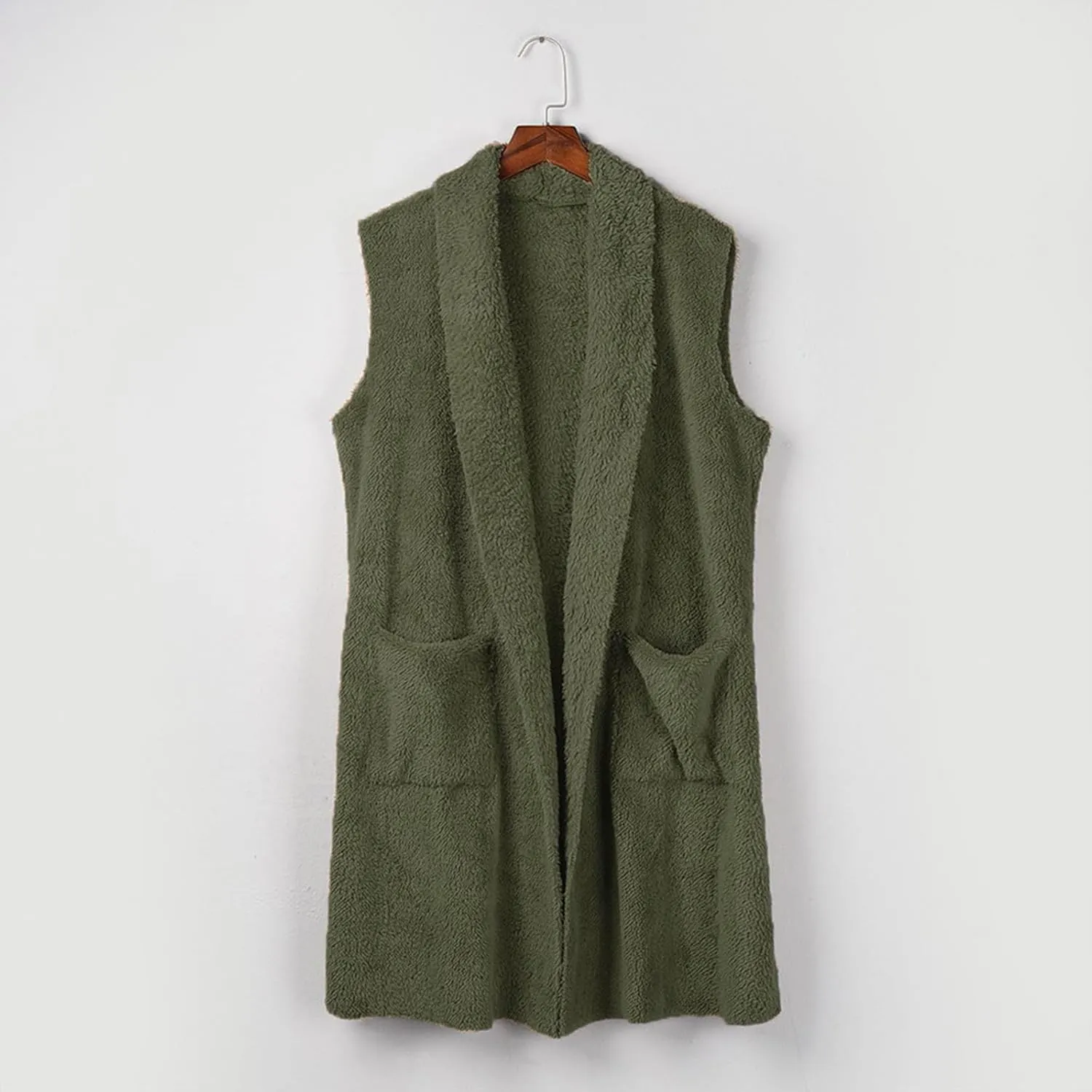 Winter Coats for Women 2024 Casual Sleeveless Sherpa Vest with Pockets Open Front Fleece Long Cardigan Fuzzy Jacket