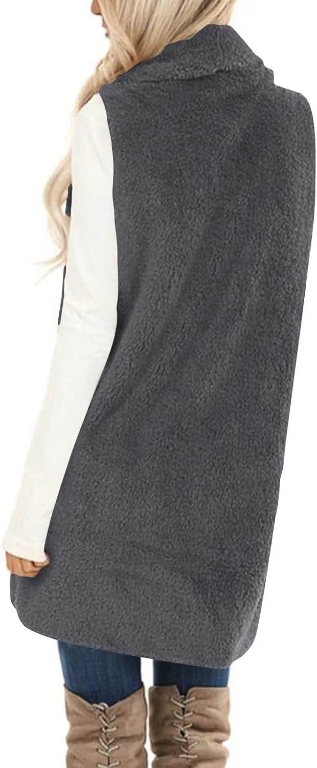 Winter Coats for Women 2024 Casual Sleeveless Sherpa Vest with Pockets Open Front Fleece Long Cardigan Fuzzy Jacket
