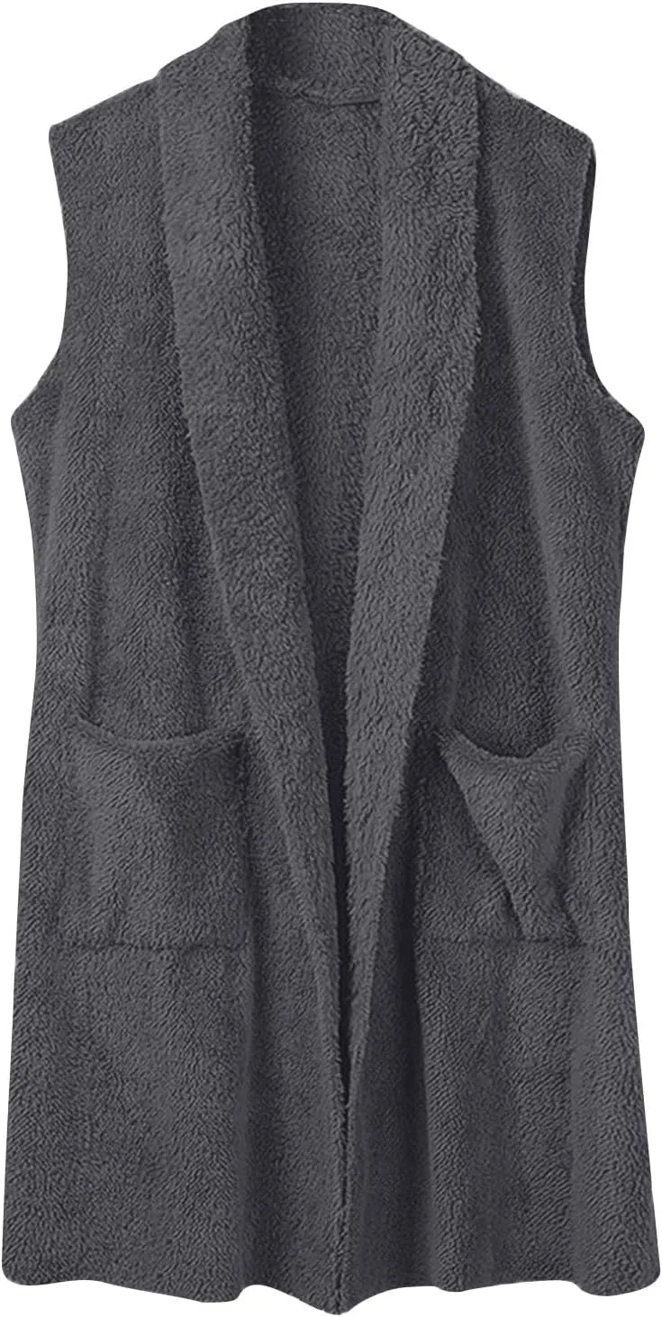 Winter Coats for Women 2024 Casual Sleeveless Sherpa Vest with Pockets Open Front Fleece Long Cardigan Fuzzy Jacket