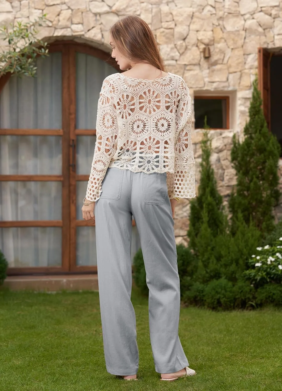 Women Linen Pants Wide Leg Palazzo Pants Cotton Linen Drawstring Summer Pants with Pockets 29"/31"/ 33"