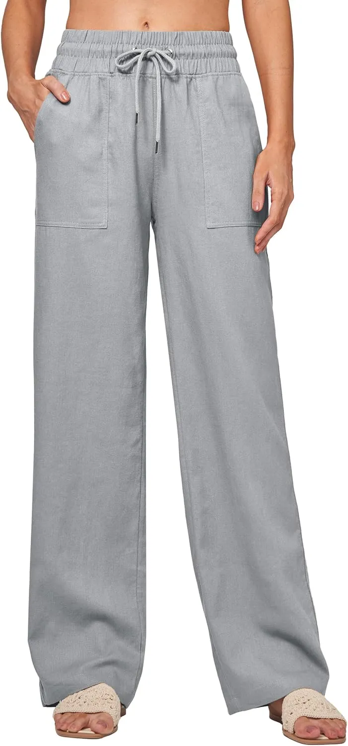 Women Linen Pants Wide Leg Palazzo Pants Cotton Linen Drawstring Summer Pants with Pockets 29"/31"/ 33"