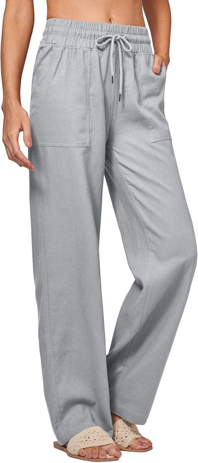 Women Linen Pants Wide Leg Palazzo Pants Cotton Linen Drawstring Summer Pants with Pockets 29"/31"/ 33"