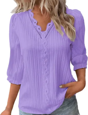 Women's 3/4 Sleeve Lace Trim V Neck Textured Tops Dressy Casual Shirts Trendy Elegant Blouse Office Business Shirts