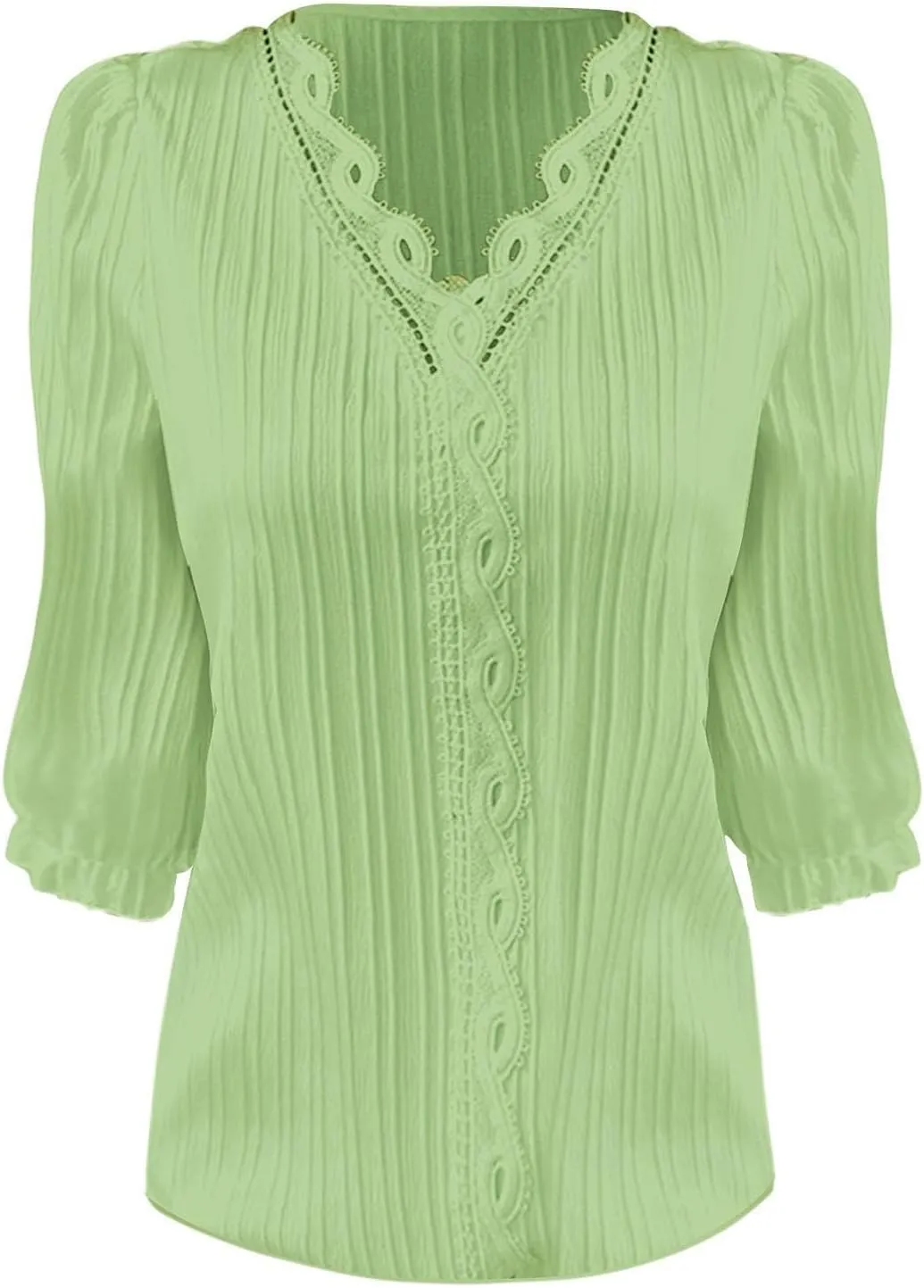 Women's 3/4 Sleeve Lace Trim V Neck Textured Tops Dressy Casual Shirts Trendy Elegant Blouse Office Business Shirts
