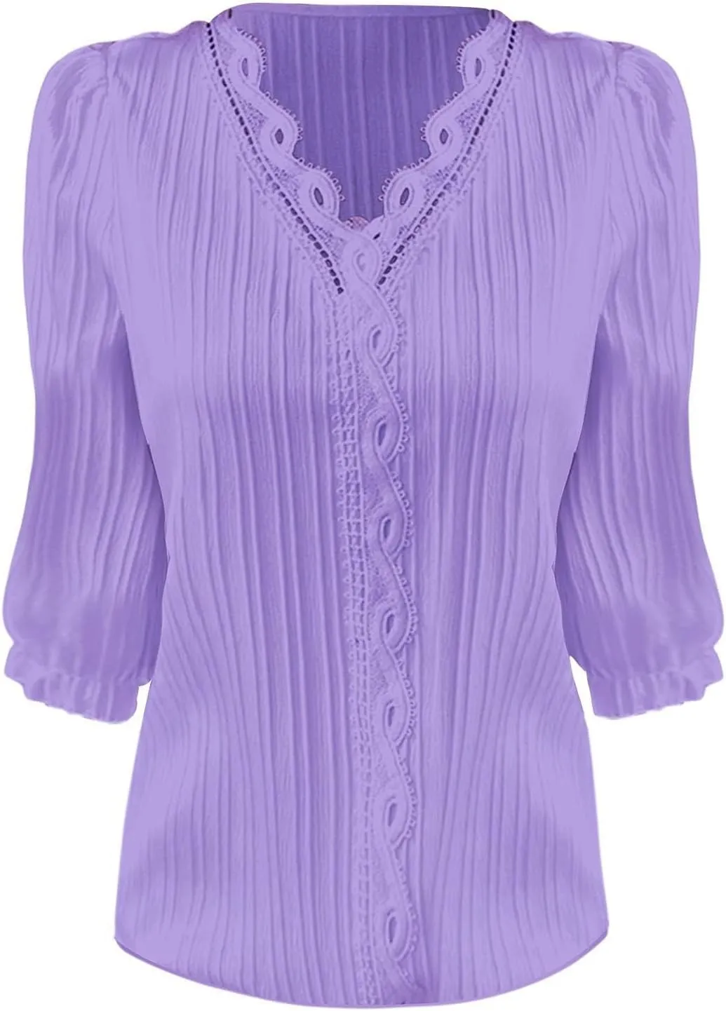 Women's 3/4 Sleeve Lace Trim V Neck Textured Tops Dressy Casual Shirts Trendy Elegant Blouse Office Business Shirts