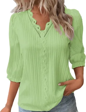 Women's 3/4 Sleeve Lace Trim V Neck Textured Tops Dressy Casual Shirts Trendy Elegant Blouse Office Business Shirts