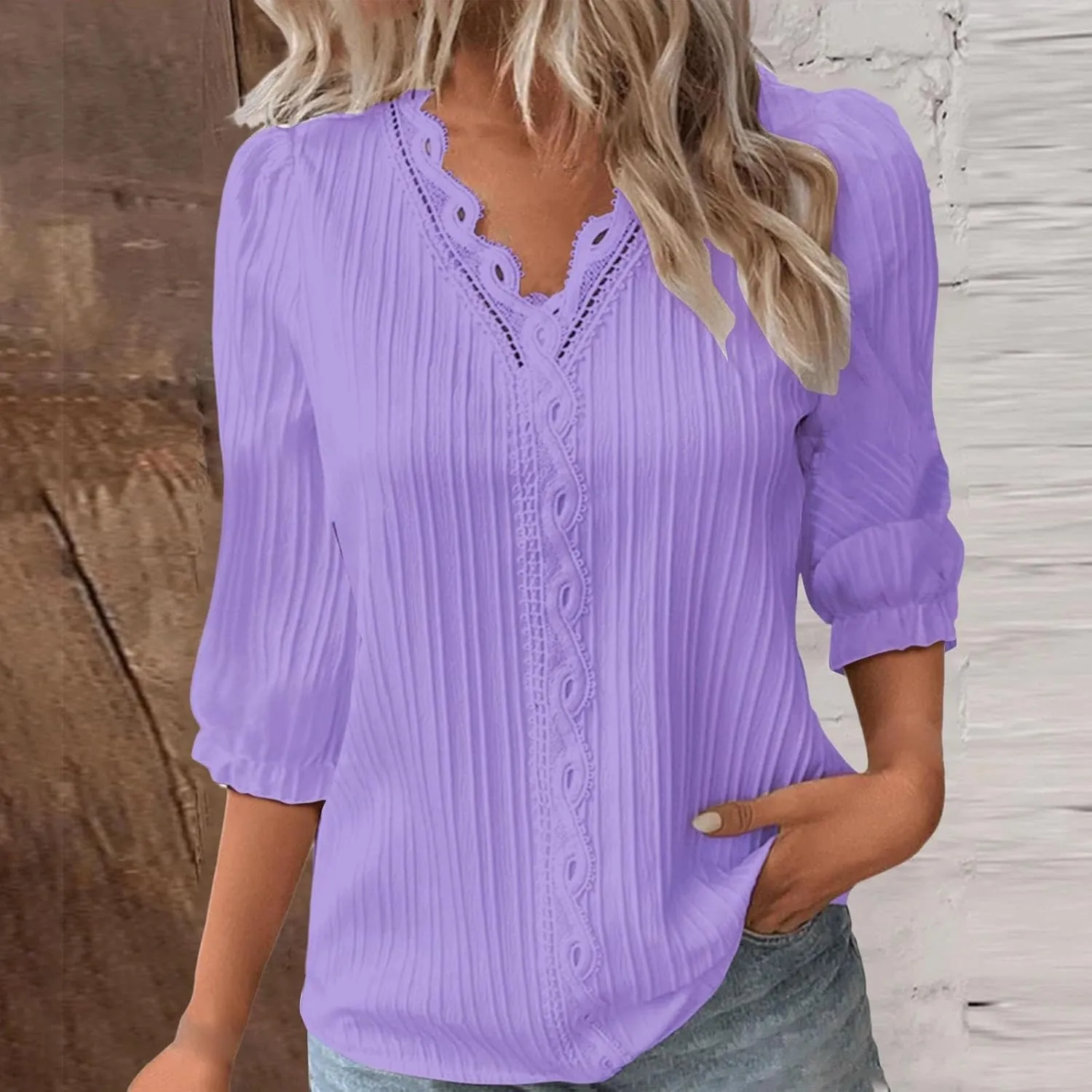 Women's 3/4 Sleeve Lace Trim V Neck Textured Tops Dressy Casual Shirts Trendy Elegant Blouse Office Business Shirts