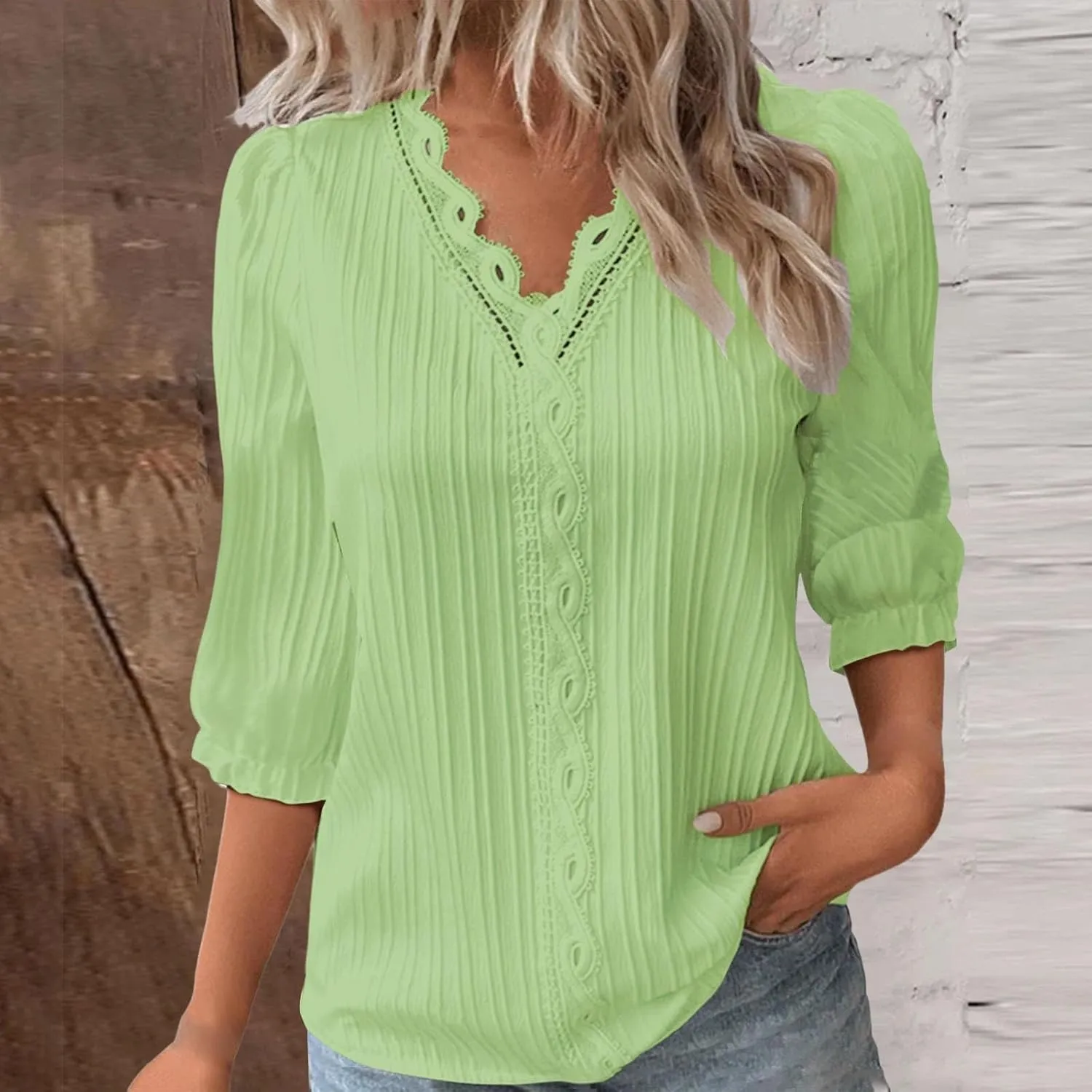 Women's 3/4 Sleeve Lace Trim V Neck Textured Tops Dressy Casual Shirts Trendy Elegant Blouse Office Business Shirts